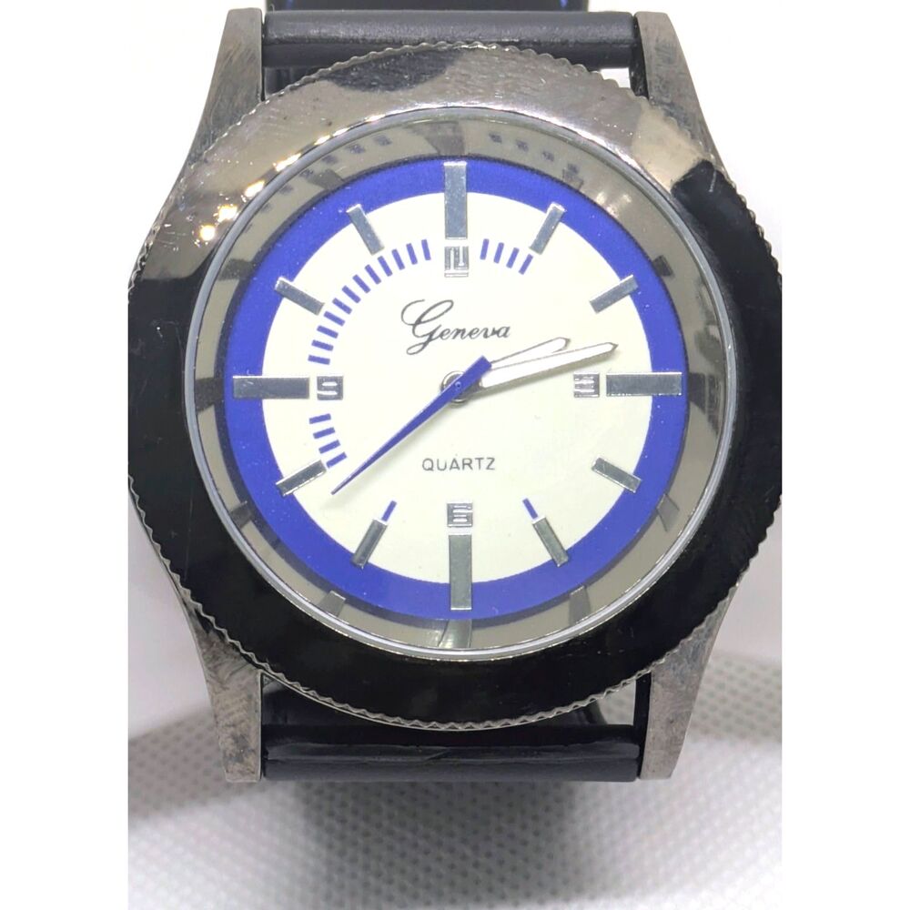 Mens Black & Blue Geneva Quartz stainless steel water resistant watch Non-Runnin